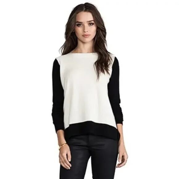Autumn Cashmere Ivory & Black Color block 100% Pure Cashmere Pullover Sweater - Picture 2 of 13